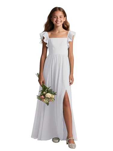 MCieloLuna Girl's Summer Boho Dress Cap Sleeve Flower Girl Dresses Square Neck Junior Bridesmaid Maxi Gown with Slit4