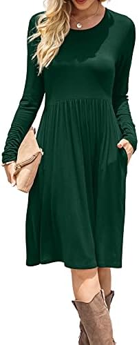 DB MOON Women Casual Long Sleeve Dresses Knee Length Loose Dark Green Dress with Pockets XL