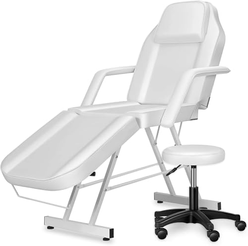 Massage Table Tattoo Chair with Spa Stool, Adjustable Facial Bed Spa Bed with Hydraulic Stool, Professional Esthetician Bed for Salon Spa Beauty Treatment, Max Weight Capacity 500 lbs (White)