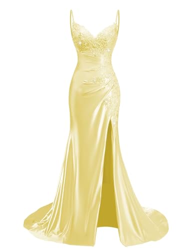 Lace Appliques Mermaid Prom Dresses with Slit Spaghetti Strap Satin Ruched Yellow Prom Dress V Neck...