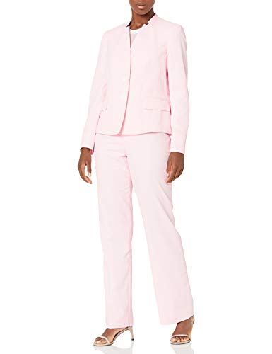 Le Suit Women's 2 Button Notch Collar Pinstripe SEERUCKER Pant Suit, Tutu Pink/White, 6