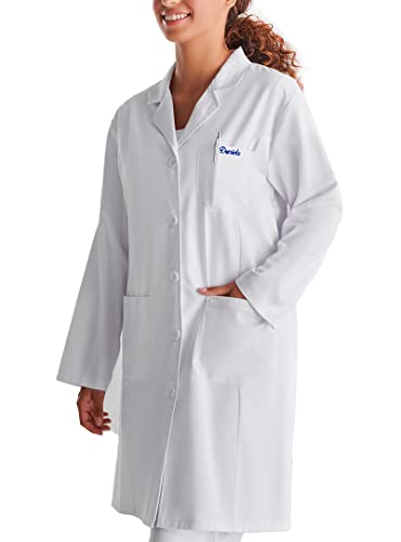 KLOTTZ-PB-K9093-Bata laborario con Nombre Bordado Personalizable para Mujer con Bolsillos Bata Sanitaria de Trabajo médico, Servicios, Universidad y Dentista.Talla L. Blanco