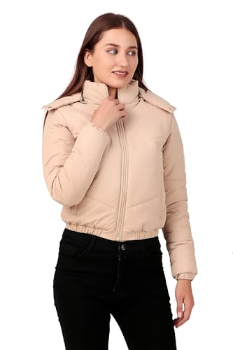 Image of Brazo Crop Puffer Jacket for Women, Cropped Design, Insulated, Hooded, Long Sleeves