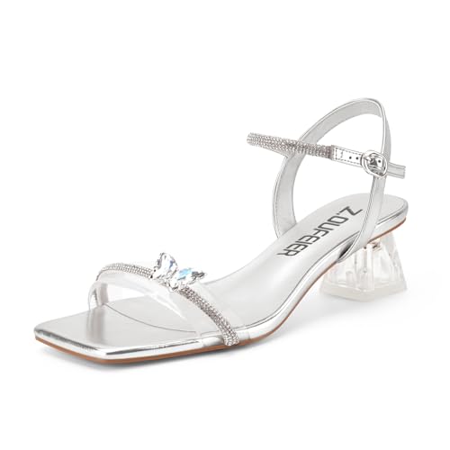 Image of Z.Oufeier Women's Crystal Clear Strap Chunky Block Transparent Heel Rhinestone Butterfly Sandals Ankle Strap Square Open Toe Summer Dress Heels Shoes