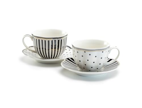 Gracie China Shop Grace Teaware Stripes and Dots Fine Porcelain Cup and Saucer Set of 2 (Black), Regular