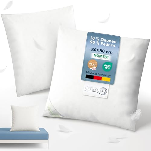 Beautissu 2er Set Daunenkissen 80x80 – Kopfkissen 80x80 Daunen & Federn 100% Made in Germany – Federkissen 80 x 80 cm – Oeko-Tex, Downpass &...