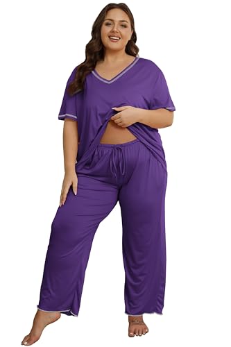 Image of Vozanet Women's Plus Size Pajama Sets Short Sleeve Long Pants Solid Color with Piping Trim Elegant Loungewear Cozy Sleepwear
