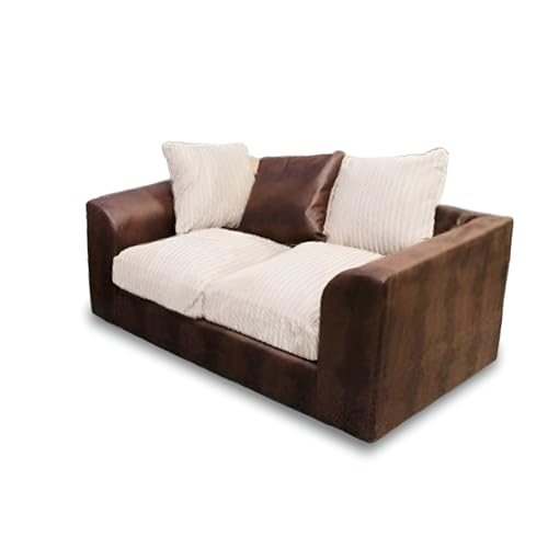 4 Seater Corner Suite - Durable Faux Leather and Cord Fabric Settee - L Shaped Scatter Back Sofa - Luxury Left Right hand Facing Sofas - Brown and Beige 3+2 Dual Arm Sofa Sets (2 seater)