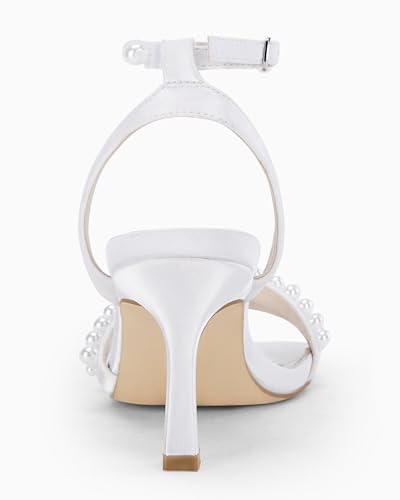 Image of Coutgo Womens Pearl Kitten Heels Sandals Square Open Toe Dress Sandals Ankle Strap Satin Wedding Party Summer Sandals