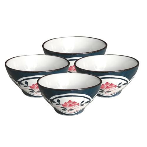 Image of Lellow Premium Ceramic Bowl Set of 4 - Handcrafted Blue Rose Print Bowls for Soup, Noodles, Snacks & Desserts - Microwave & Dishwasher Safe, 300ml