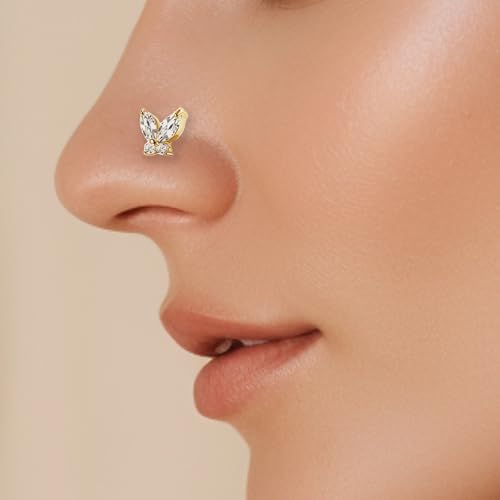 4pcs 20G Nose Rings - L Shaped & Dangle Nose Studs - Stainless Steel Butterfly, Flower & Heart Designs - Body Piercing Jewelry for Women & Men4