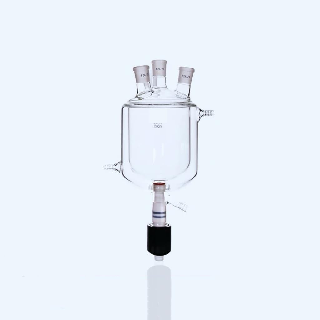 Four Mouth Jacketed Reaction Bottle with PTFE Plunger Valve - Double-Layer Reactor Flask for Reactions(2000mL 24x24x24x24)