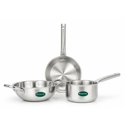 Image of The Indus Valley Tri-Ply Stainless Steel Cookware Combo Set of 3 | 20cm Kadai + 20cm Fry Pan + 14cm Saucepan | 304 Food-Grade Stainless Steel | 3-Layer Thick Body | Induction Compatible