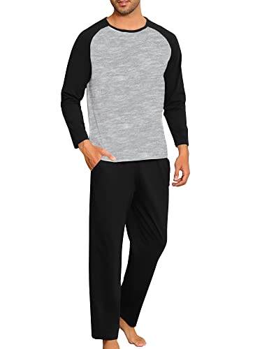 Girlpal Pyjamas Homme Hiver en Coton avec Poches à Manches Longue Pyjamas Long à Couleurs Contrastées Hommes Col en O Taille Élastique Vêtements de Nuit Doux Confortable Le Noir XXL Cover