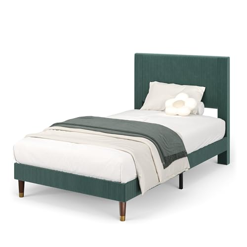 Image of Upholstered Platform Bed Frame with Corduroy Headboard, Sturdy Metal Frame & Wooden Slats, 800lbs Weight Capacity, Noise-Free, No Box Spring Needed, Easy Assembly, Under-Bed Storage, Twin Dark Green