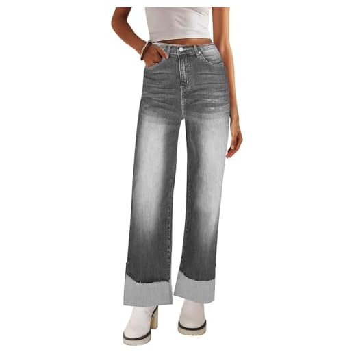 EXLURA Calça jeans feminina de perna larga elástica cintura alta com punhos folgados boyfriend perna reta calça jeans moderna outono 2025, Cinza, G