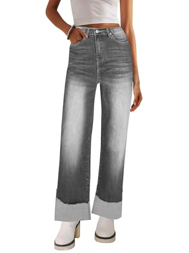 EXLURA Womens Wide Leg Jeans Stretchy High Waist Cuffed Baggy Jeans Boyfriends Straight Leg Denim Pants Trendy Fall 2025