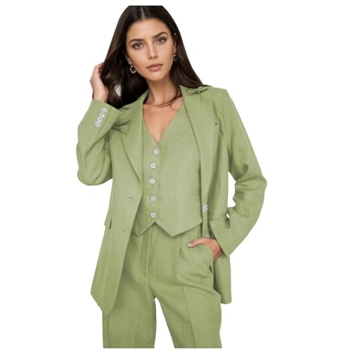 Linen Womens Suit Summer 3 Piece Suits for Women Casual Work Blazer Vest Pants Dressy Womens Pant Suit