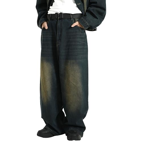 Men's Classic Wide-Leg Baggy Jeans Vintage Relaxed Fit Long Denim Pants Elastic Waist Straight Leg Jean (3X-Large,Retro Bluee1)