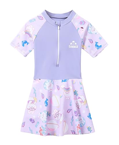 Image of Girls Swimsuit Girls One Piece Skirted Swimsuit Short Sleeve Floral Rash Guard Bathing Suit Swim Dress Swimwear