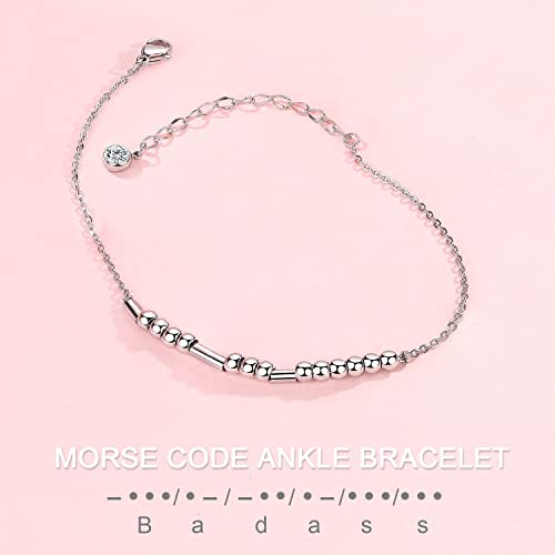 Morse Code Silver Anklet for Women,Beaded Chain Ankle Bracelets for Women Girls Mother Daughter Sister Friend Dainty Inspirational Birthday Gifts for Her, Stainless Steel, Cubic Zirconia