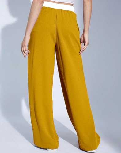 Image of Mehrang Wide Leg Drawstring Pants, with Contrast Waist Band || Casual Lounge Wear Side with Pockets, High Waisted, Relaxed Fit Trouser for Women