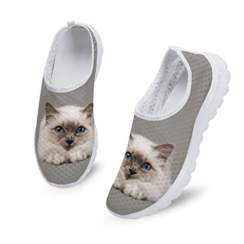 Dolyues süße weiße Katze/Kätzchen Print Damen Trainer Slip On Wanderschuhe Leichte, atmungsaktive, sportliche Mesh Turnschuhe