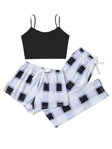 Milumia Women's 3 Pieces Plaid Pajama Set Cami Shorts Pants Pj Sets Sleeveless Soft Lounge Sleepwear Sets