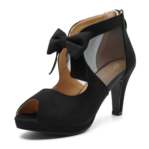 Rjclyh Women's Peep Toe Platform High Heel with Bow Pumps Cutout Mesh Chunky Heel Dress Sandals, Back Zipper, Party Wedding Shoes Black 8