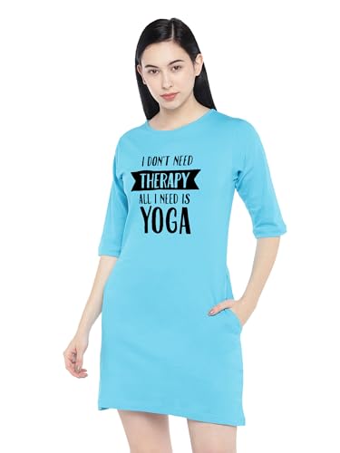 Image of STATUS MANTRA Women's Long T-Shirt Dress - Cotton Casual Knee Length Dress with 3 /4 Sleeves | Soft Bio-Washed Fabric, Crew Neck, Relaxed Fit | Comfy Summer Lounge Wear