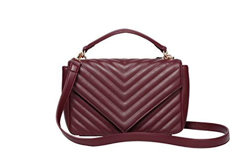 Daisy Rose Quilted Chevron Shoulder Cross Body Bag with Top Handle, PU Vegan Leather - Burgandy