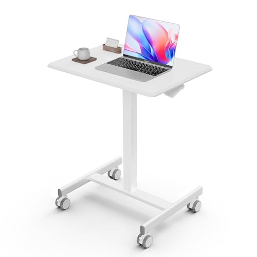 Image of DUMOS Mobile Rolling Desk with Wheels Adjustable Height Small Standing Desks Portable Laptop PC Table Computer Workstation for Home Office Small Space Pure White