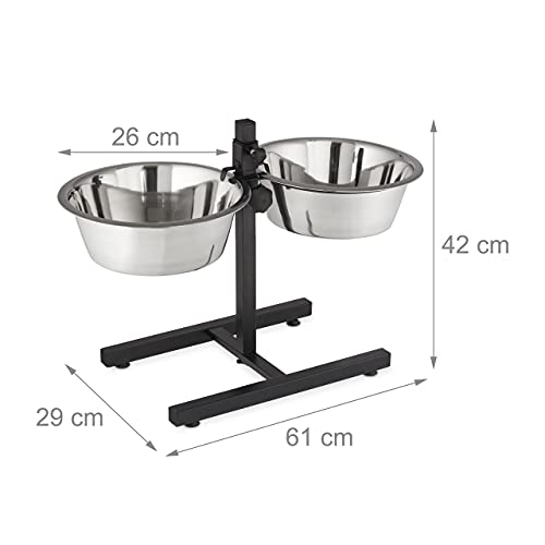 Relaxdays 1 x Futterstation Hund, 4,5 l Edelstahlnäpfe, Napfständer höhenverstellbar HBT 42 x 61 x 29 cm, rutschfest, Silber