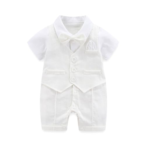 Image of Hresadio Baby Boy Gentleman Romper with Bow Tie Newborn Tuxedo Jumpsuit Baby Formal Outfits Clothes 0-18 Months