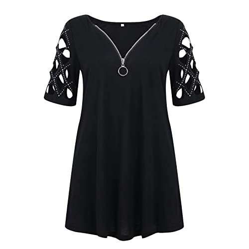 Women Casual T-Shirt Loose Fit Short Sleeve Zipper Tops V Neck Cut Out Rhinestone Tunic Tee Sexy Cold Shoulder Blouse Black #TOP2