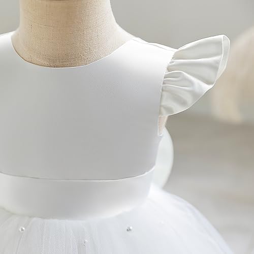 Baby Girls Tulle Princess Dress Flutter Sleeve Pearls Ruffle Toddler Bowknot Dresses Infants Birthday Party Dress 6M-2T3