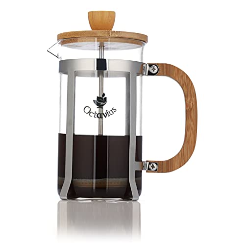 Octavius French Press Coffee and Tea Maker with Wooden Handle and Lid | Heat Resistant Borosilicate Glass Body with Superior Stainless Steel Filtration System – 700 ML Capacity
