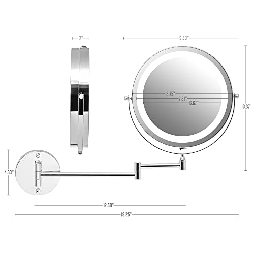 OVENTE 9.6" Lighted Wall Mount Makeup Mirror, 1X & 7X Magnifier, Adjustable Double Sided Round LED, Extend, Retractable & Folding Arm, Compact & Cordless, Battery Powered Polished Chrome MFW85CH1X7X