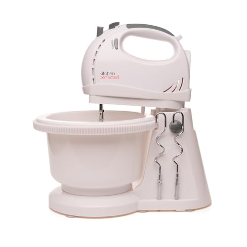 Kitchen Perfected Electric Stand Mixer with Bowl, 2L, 300W, Tilting Stand and Whisks and Dough Hooks, 5-Speed Hand Mixer with Turbo Function - E5434WH
