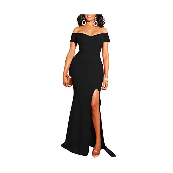 YMDUCH Womens Off Shoulder High Split Long Formal Party Dress Evening Gown Black