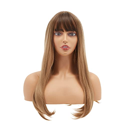 Brown to Blonde Ombre Wig, Long Straight Hair with Bangs (20 In)