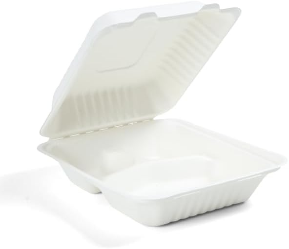 100% Compostable Clamshell Containers - Heavy Duty Disposable Takeout Container [3-Compartment, 8x8x3, 200-Pack] Natural Biodegradable Sugarcane Bagasse, Eco-Friendly To-Go Container