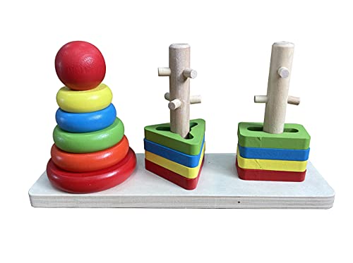 KanCai Wooden Rainbow Column Tower Stacking Rings Toy Classic Stacker â€‹Wooden Shape Color Recognition Sorting & Stacking Block Puzzle for 3-6 Year Olds