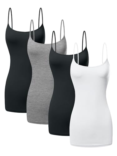 Image of Long Cotton Camisole Spaghetti Strap Tank Top for Women Basic Cami Tops Womens Undershirts - Pack 1-4