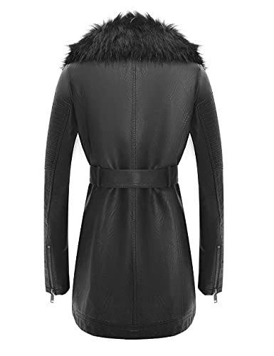 Giolshon Long Faux Leather Jacket Women Motorcycle Trench Coat With Detachable Faux Fur Collar 912 Black S #TOP2