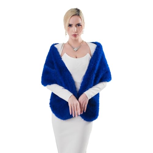 AMTFBY Women's Faux Fur Long Shawl Winter Warm Fur Wraps Cloak Coat Bridal Wedding Soft Scarf Collar Shawl Shrug for Evening Parrty Dress Royal Blue A