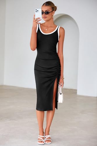Image of IHOT Women's Sexy Side Slit Midi Dresses Sleeveless Ribbed Casual Ruched Bodycon Club Party Tank Dress