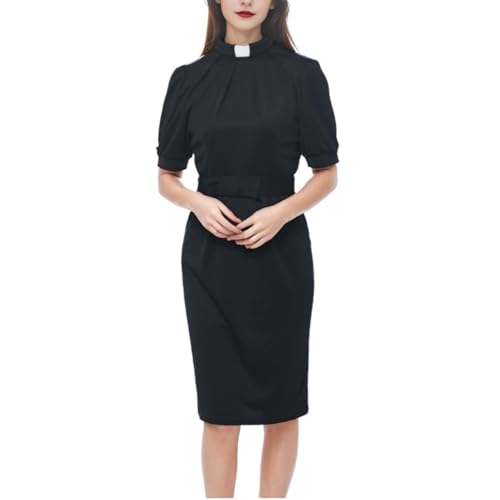 Women's Clergy Dress Short Sleeve Pencil Dress Tab Insert Collar Priest Clergy Dresses with Belts