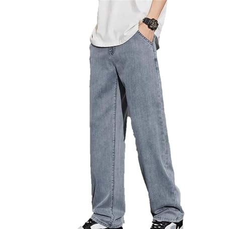 Mens Jeans Thin Summer Loose Comfortable Straight Elastic Denim Trousers Lightweight Business Casual