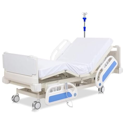 GOTBRAN Premium Hospital Bed, Updated 3 Function Full Electric Medical Beds with 4.7" Foam Mattress & IV Pole, 5" Locking Casters, Up to 550 Lbs Loading, Includes (2X) Bed Sheet & Dining Table Board Cover
